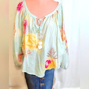 Farm Rio thin cotton Gauze Oversize Floral Flowy Top adorable tie Small pom poms